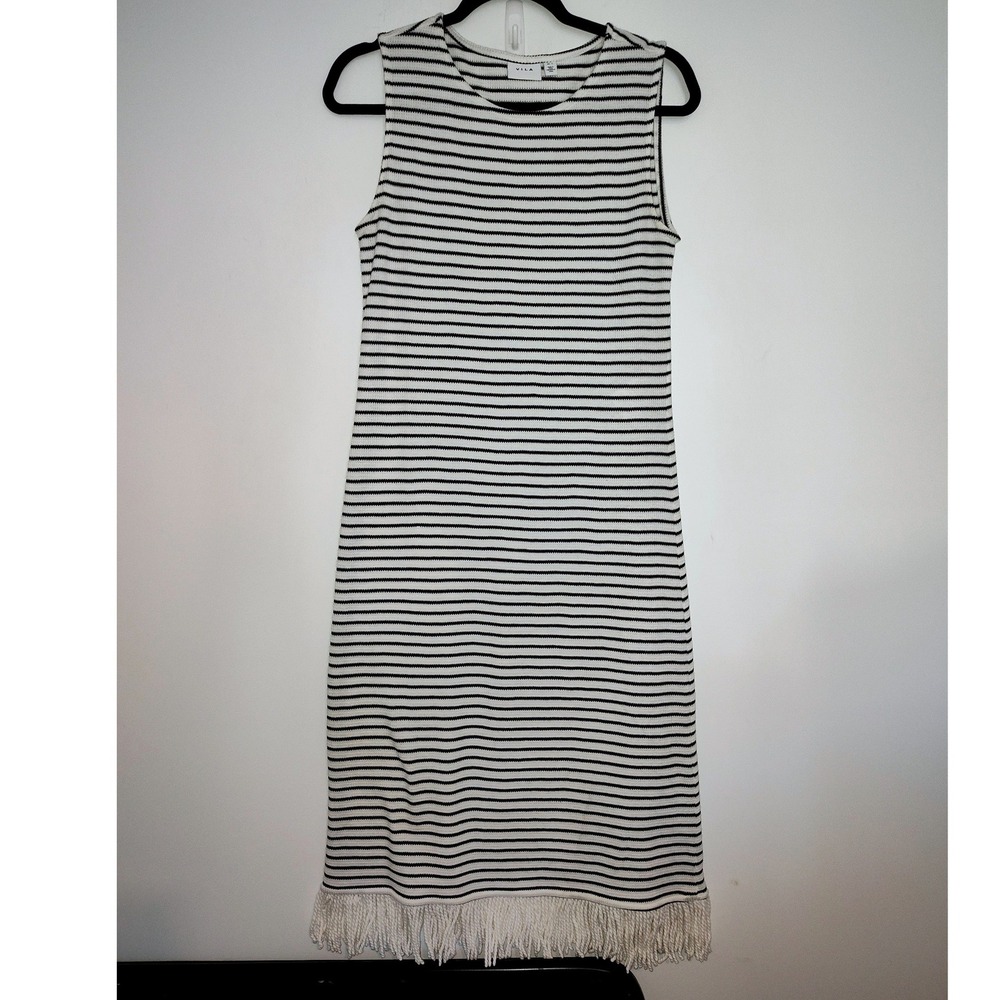 Vila VISIF O-Neck Sleeveless Midi Dress Black White Striped Fringe Hem Large